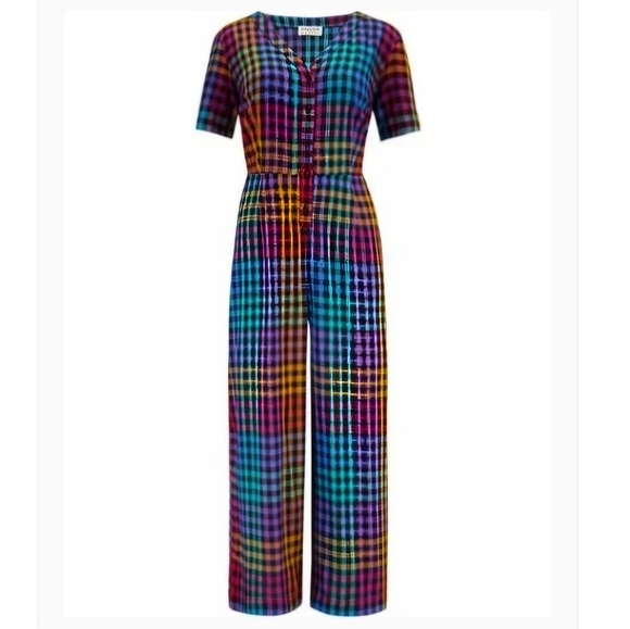 Sugarhill Pants - Sugarhill Brighton Kendall Jumpsuit cropped multicolored gingham pockets B6